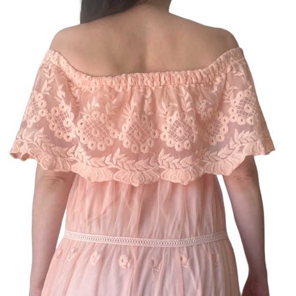 Peach prairie dress vintage lace style off the shoulder floral design small med - Picture 4 of 15